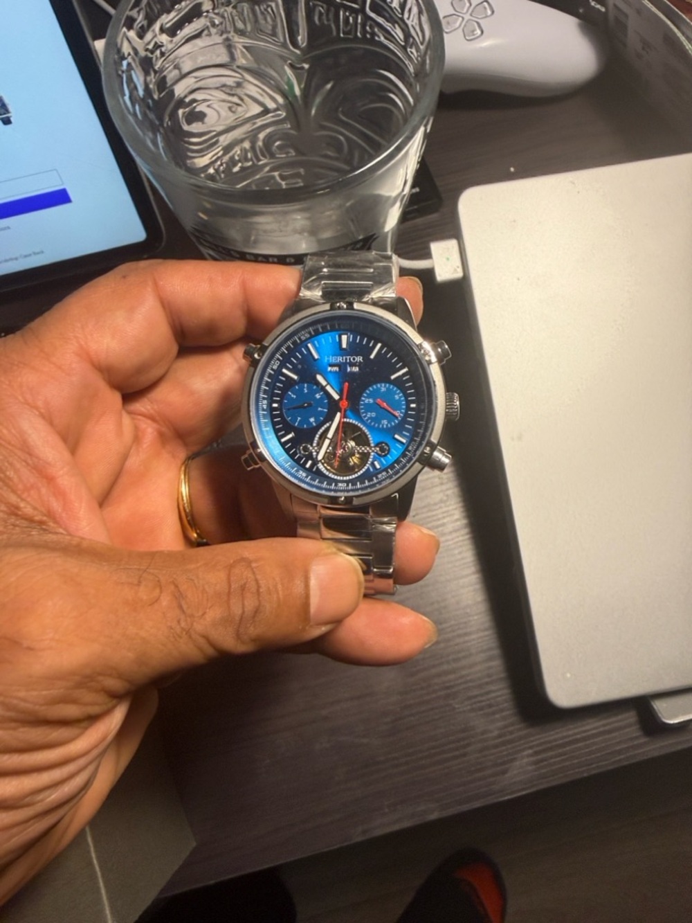 Heritor Automatic Blue Dial Stainless Steel Chronograph Watch.